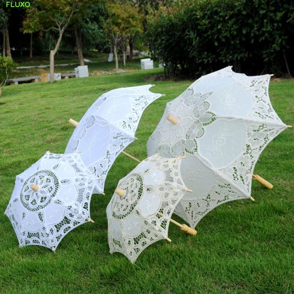 FLUXO Prop ร่มลูกไม้Embroidered สำหรับงานแต่งงานและการถ่ายภาพ Parasol สีขาวและดำ