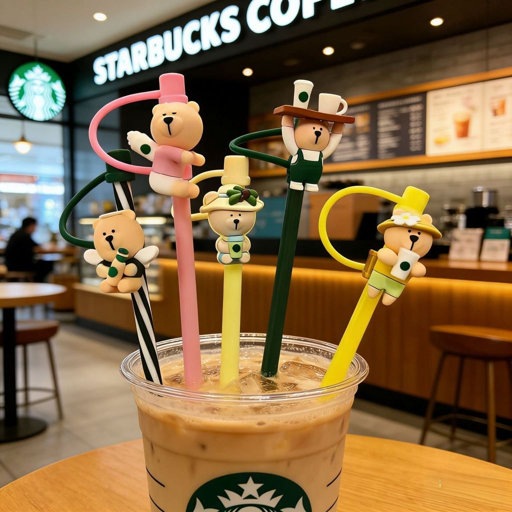 8mm ฝาปิดหลอดซิลิโคนกันฝุ่น สำหรับแก้ว Starbucks ชานม ใช้ซ้ำได้ ลายการ์ตูน อุปกรณ์เสริมแก้วน้ำ