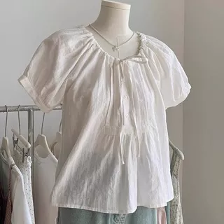 LINNA~Xเวอร์ชั่นเกาหลี คอกลม เชือกดึง เสื้อแขนสั้น เสื้อเชิ้ต รุ่นใหม่ สไตล์หวาน