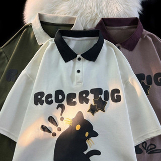 Chaistyle อเมริกัน วินเทจ เสื้อโปโลผู้ชาย แมวพิมพ์ ท็อปส์ซูส…