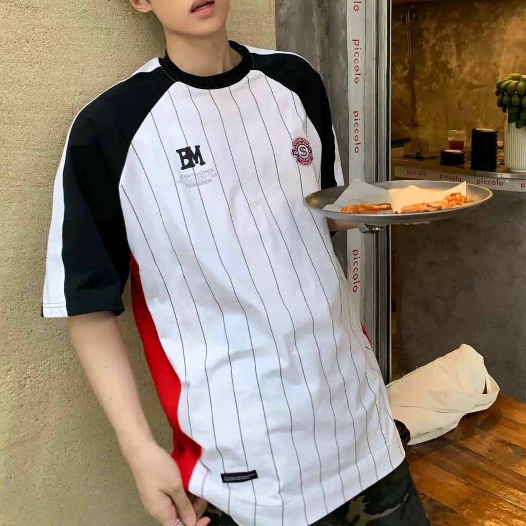 Chaistyle สไตล์ไฮสตรีท คอกลม เสื้อลายทางผู้ชาย ยอดนิยม เย็บสามสี