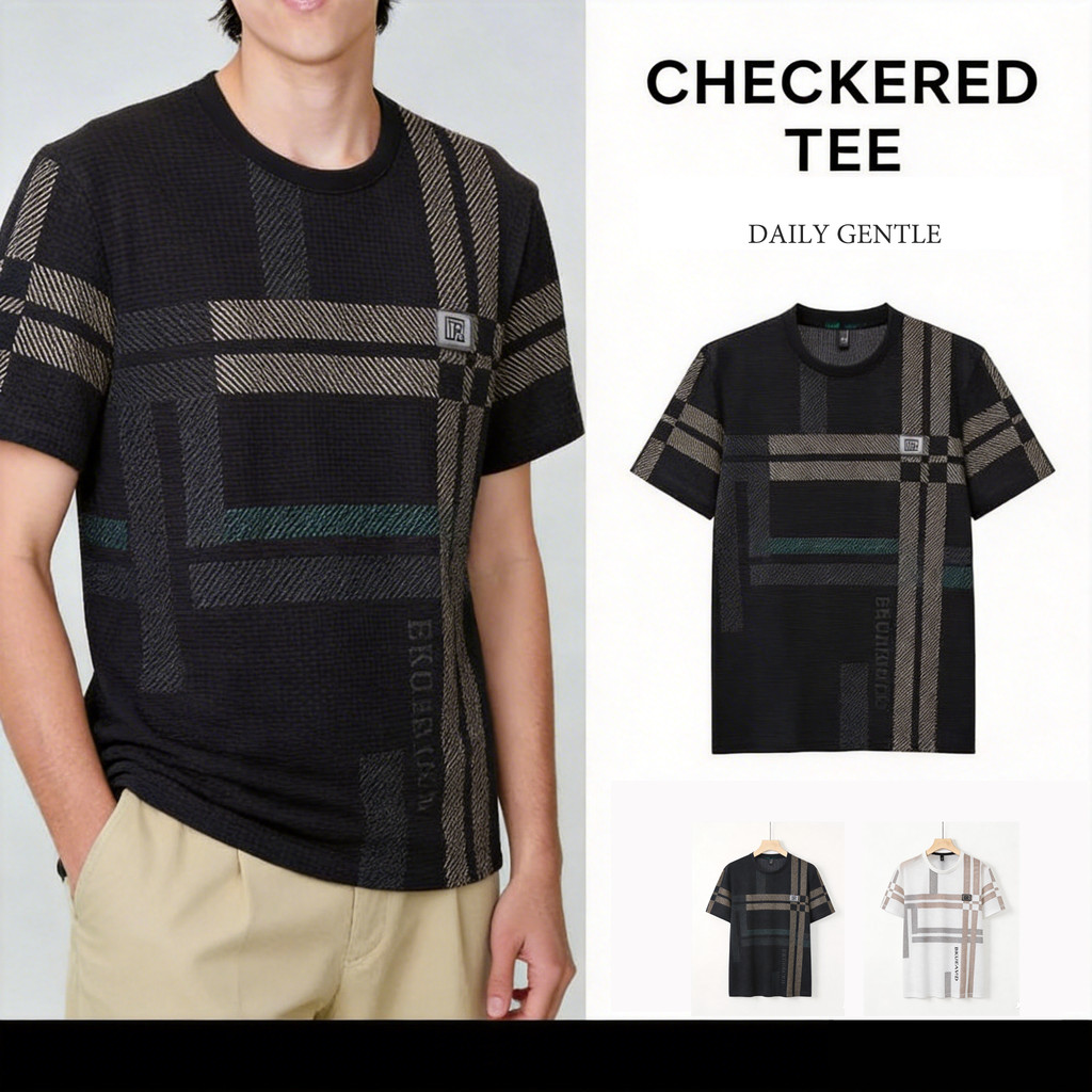 เสื้อยืดผู้ชาย คอกลม แขนสั้น tshirt men ผ้าเย็นสบาย แคสซวอล ลายตาราง ซับเหงื่อ ราคา ถูกที่สุด ดีลบีเคเค รูปภาพหลัก