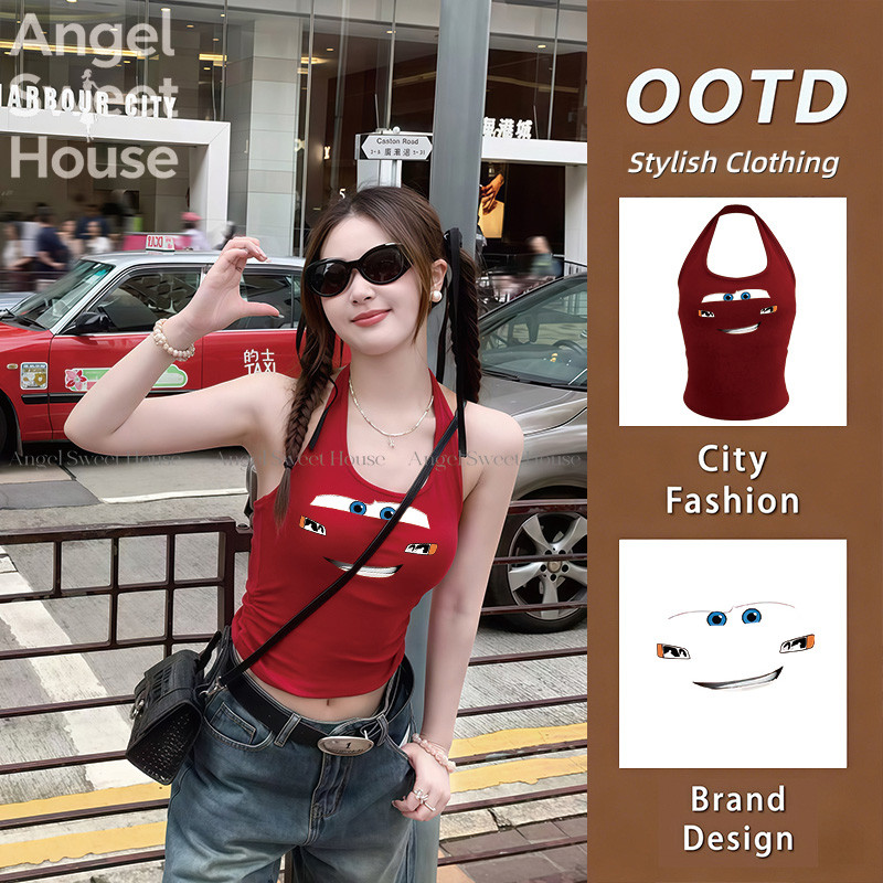 (COD）Angle Official เสื้อยืดลำลองผู้หญิง พิมพ์ลายหน้ายิ้มสุดน่ารักสไตล์สาวอเมริกัน เสื้ออกตัวแขนกุด T01