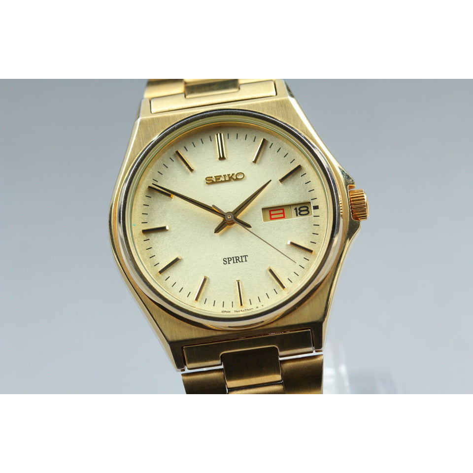 Vtg1997 [N MINT] Seiko Spirit 7N43-7180 Gold Day Date Round 36mm Qz Men's Watch