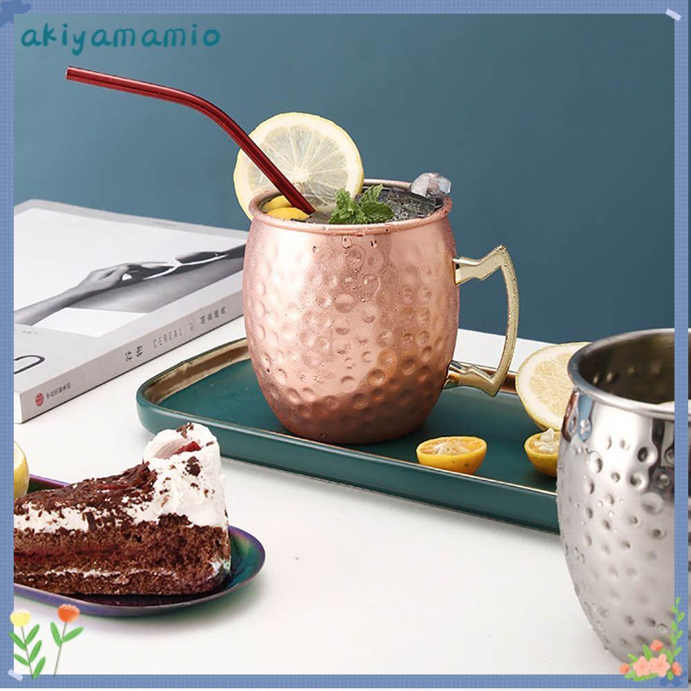 AKIYAMIO ถ้วยแก้ว,หนา 500ml ถ้วยทองแดงบริสุทธิ์,พร้อมที่จับตอกหมุดที่แข็งแกร่ง Moscow Mule แปรงลักษณ