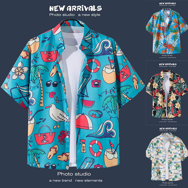 เสื้อเชิ้ตผู้ชายลายดอกไม้สไตล์ฮาวาย ขนาดหลวม เหมาะสำหรับสวมใส่บนชายหาด