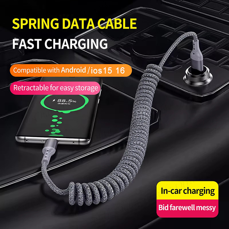 ข้อศอกสเตอริโอ USB/Type C ถึง Type C ฤดูใบไม้ผลิ Telescopic Data CABLE 100W Super Fast สายชาร์จไนลอนถักรถสายชาร์จสําหรับ IOS/Type C ราคา ถูกที่สุด ดีลบีเคเค แกลเลอรีภาพที่ 3