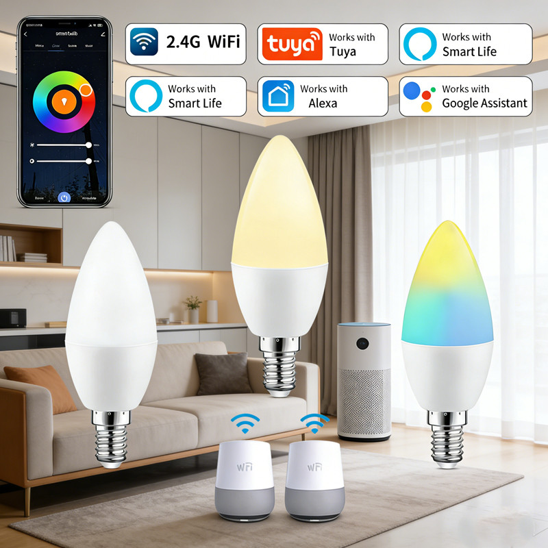 หลอดไฟเทียน LED อัจฉริยะ Tuya WiFi E14 6W RGBCW ปรับแสงได้ รองรับเสียง Alexa Google Home