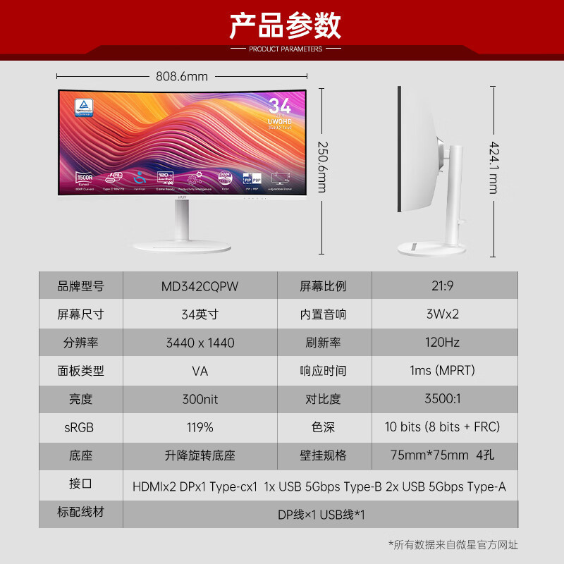 MSI 34 นิ้วสีขาวแม่นยํา 4k 120 Refresh Rate เกมจอคอมพิวเตอร์พร้อมหน้าจอปลา MD342CQPW