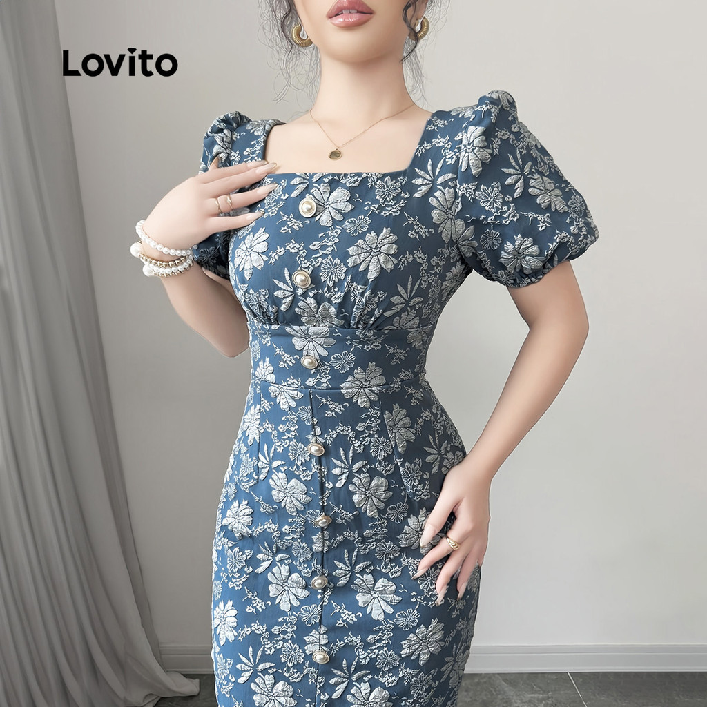 Lovito ชุดลำลองสไตล์ฝรั่งเศสสบาย ๆ สไตล์เงียบ ๆ ของไข่มุก เดรสสีฟ้า สำหรับผู้หญิง ฤดูใบไม้ผลิ/ฤดูร้อน L150AD1621 ราคา ถูกที่สุด ดีลบีเคเค แกลเลอรีภาพที่ 5