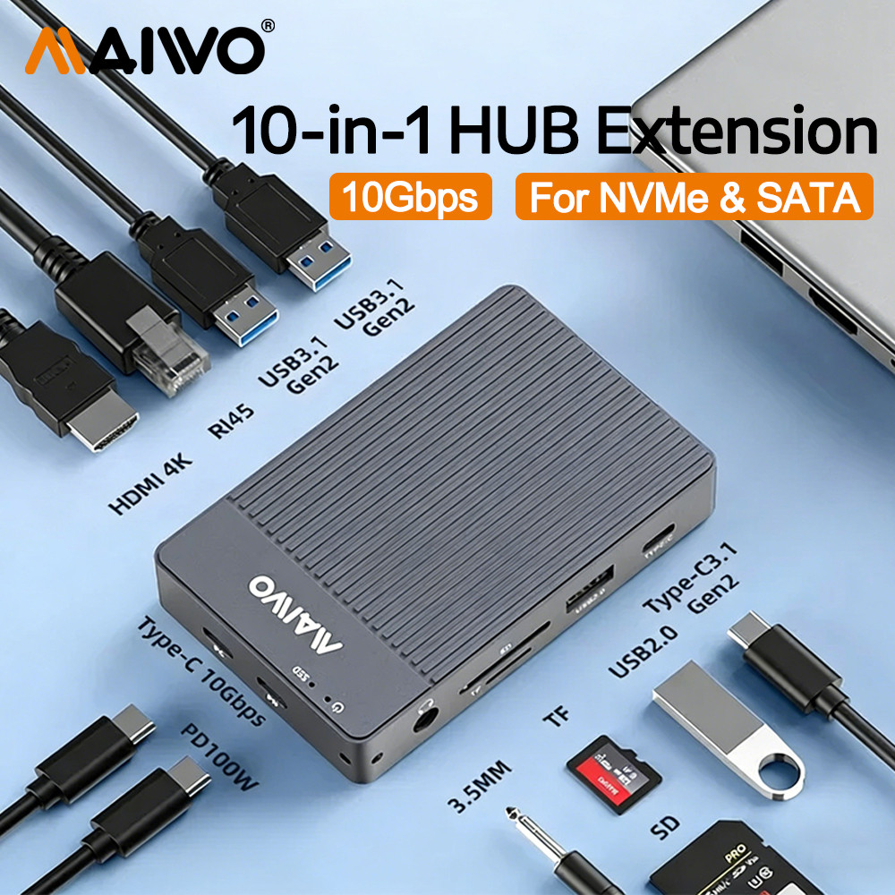 MAIWO 10 in 1 USB C HUB Extension M.2 SATA NVME SSD Case พร้อม HDMI 4K @ 60Hz USB 3.1 10Gbps USB HUB