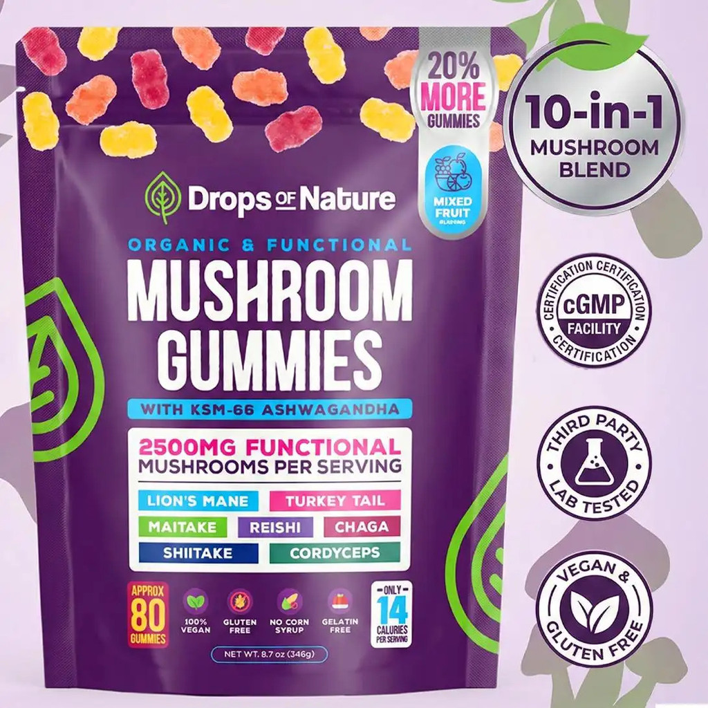 [OFFICIAL STORE] Drops Of Nature Mushroom Gummies | Ashwagandha KSM-66, Lion's Mane, Shiitake, Turke