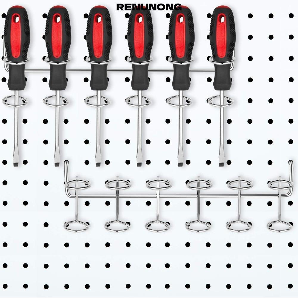 RENUNONG ตะขอ Pegboard เหล็กรีดเย็น ตะขอแขวนหกแหวนสีเงิน Pegboard