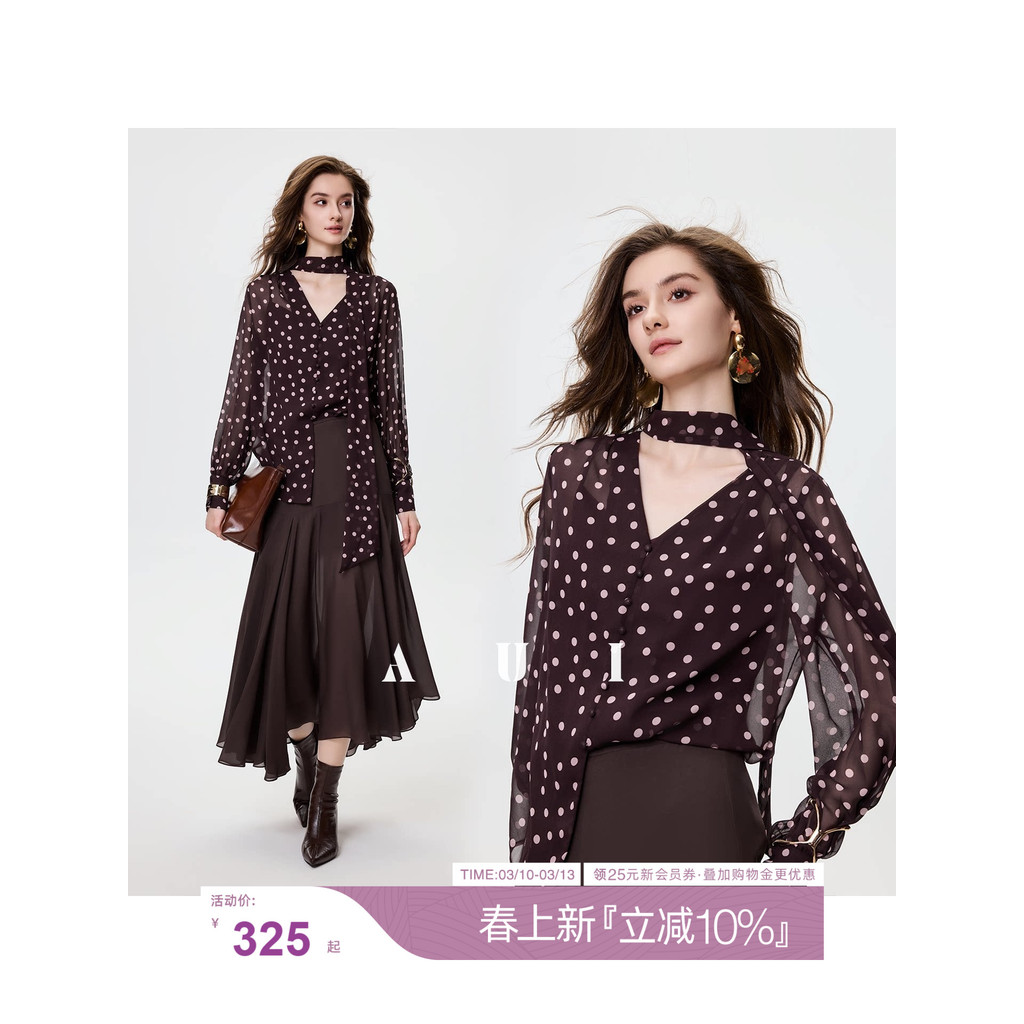 เสื้อชีฟอง AUI French V คอ Polka Dot สำหรับฤดูใบไม้ร่วง ระบายอากาศได้ดีและเป็นมิตรกับผิว ออกแบบมาพร้