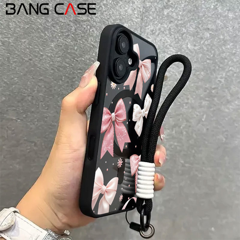 สําหรับ IPhone 17 16 15 14 13 12 11 Pro Max Xs Max 7 8Plus Big Pink Bows เคสโทรศัพท์แม่เหล็ก Lanyard