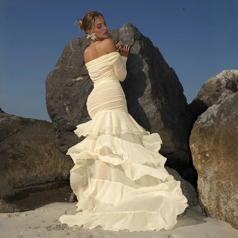 แปลก Puss Slash-คอ Frill Design Dresses แขนยาวบางสะโพกห่อผู้หญิงฤดูร้อน Minimalist แฟชั่นสไตล์