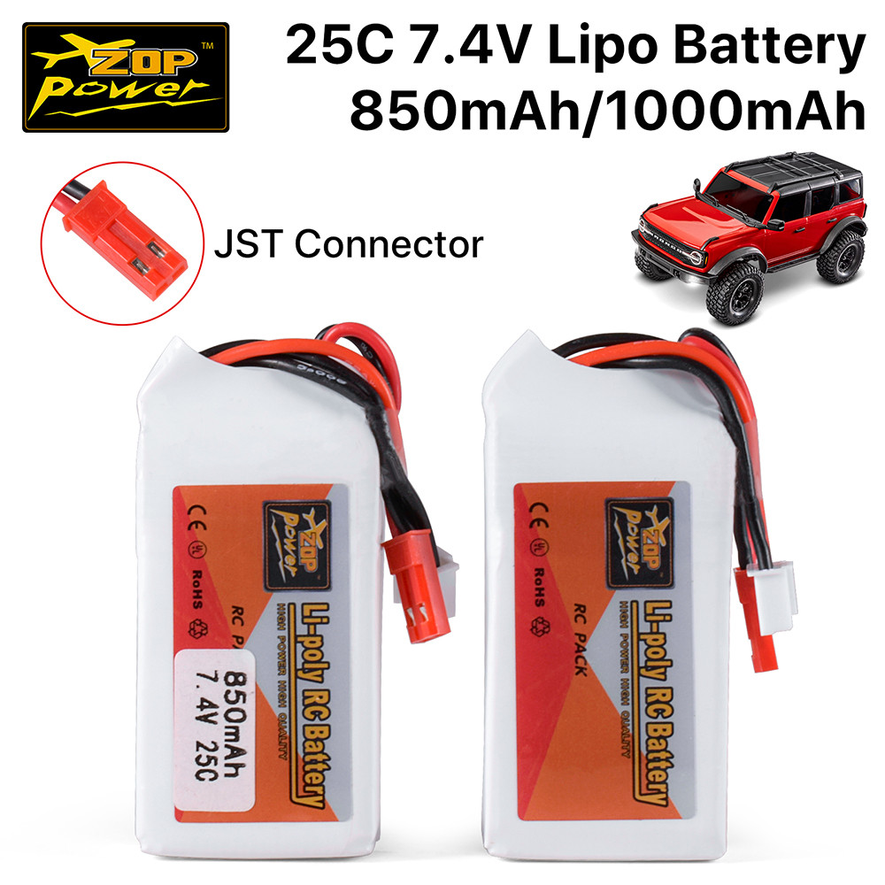 ZOP Power 7.4V 850mAh 1000mAh 25C Lipo Battery with JST Connector, High Discharge Upgrade for TRX4M 