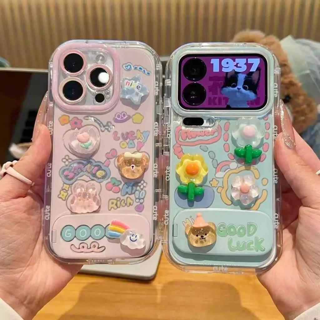 น่ารักโชคดีหมีดอกไม้อะคริลิกรณีโทรศัพท์กันกระแทกกันฝุ่นป้องกันรอยขีดข่วนฝาครอบป้องกันสําหรับ ไอโฟน 17 16 15 14 13 12 11 มือโปร สูงสุด