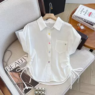 เสื้อเชิ้ตแขนพับกระดุมสีๆ ดีไซน์รุดข้างเก็บเอวทรงสวย แฟชั่นฤดูร้อนสไตล์เกาหลี ผ้าดีงานสวย แมตช์ง่าย-รุ่น99177