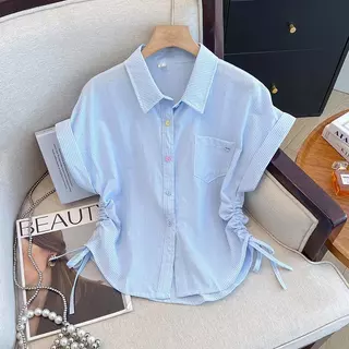 เสื้อเชิ้ตแขนพับกระดุมสีๆ ดีไซน์รุดข้างเก็บเอวทรงสวย แฟชั่นฤดูร้อนสไตล์เกาหลี ผ้าดีงานสวย แมตช์ง่าย-รุ่น99177