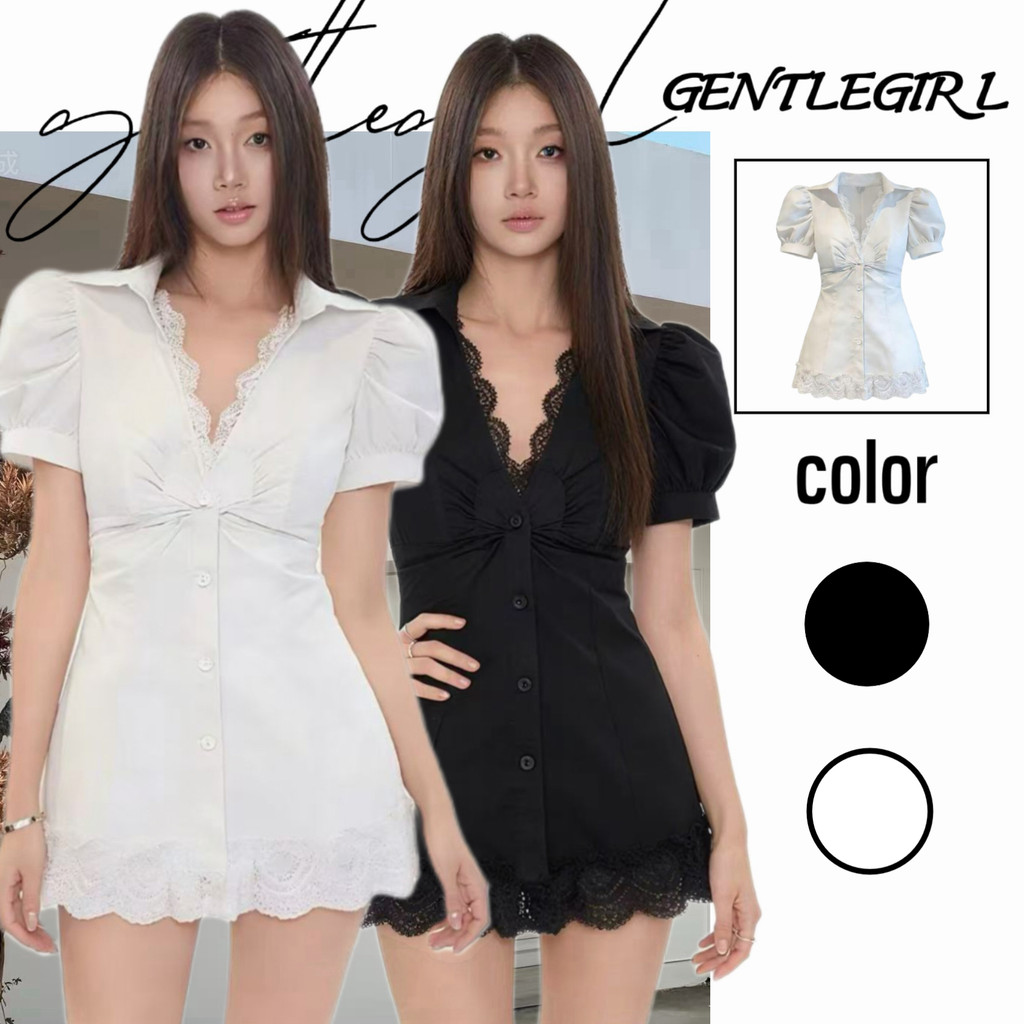 #GG🎀เสื้อแขนยาวลูกไม้สีดำสำหรับผู้หญิง สไตล์ฤดูใบไม้ร่วง ทรงเข้ารูปช่วงเอว