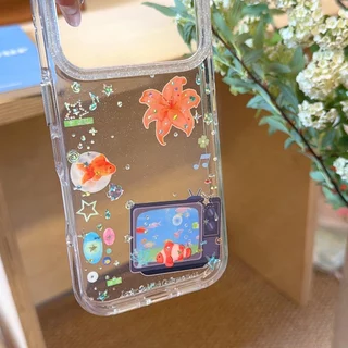 ปลอกปกแข็งโปร่งใสเข้ากันได้กับ iPhone 13 14 14Pro 14ProMax 15 15Pro 15ProMax 16 16Pro 16ProMax 17Pro 17ProMax เคสลายปลาทอง