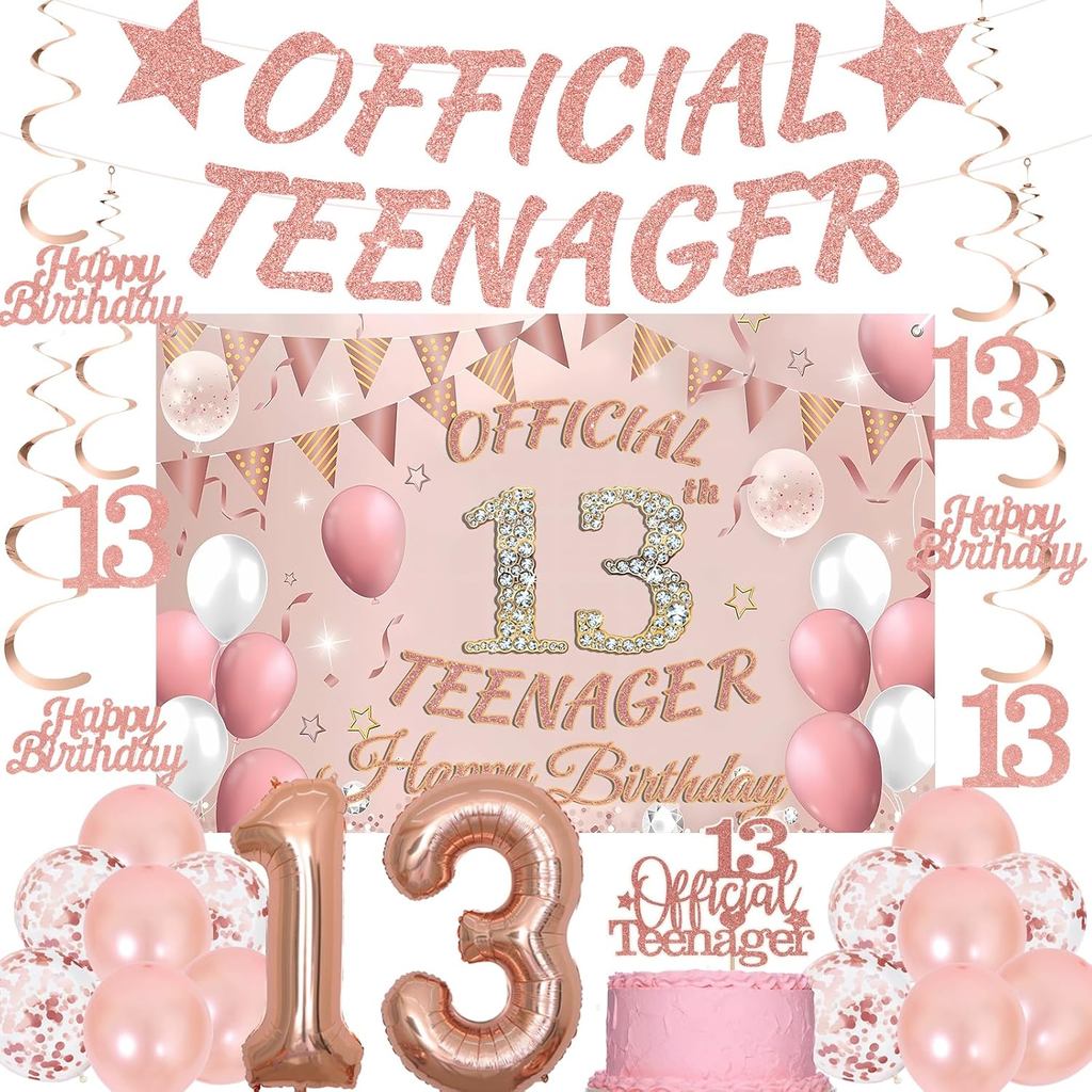 13th ตกแต่งวันเกิดบอลลูนหญิง-25 ชิ้น Rose Gold อย่างเป็นทางการวัยรุ่นแบนเนอร์แขวน Swirls ฉากหลังเค้ก