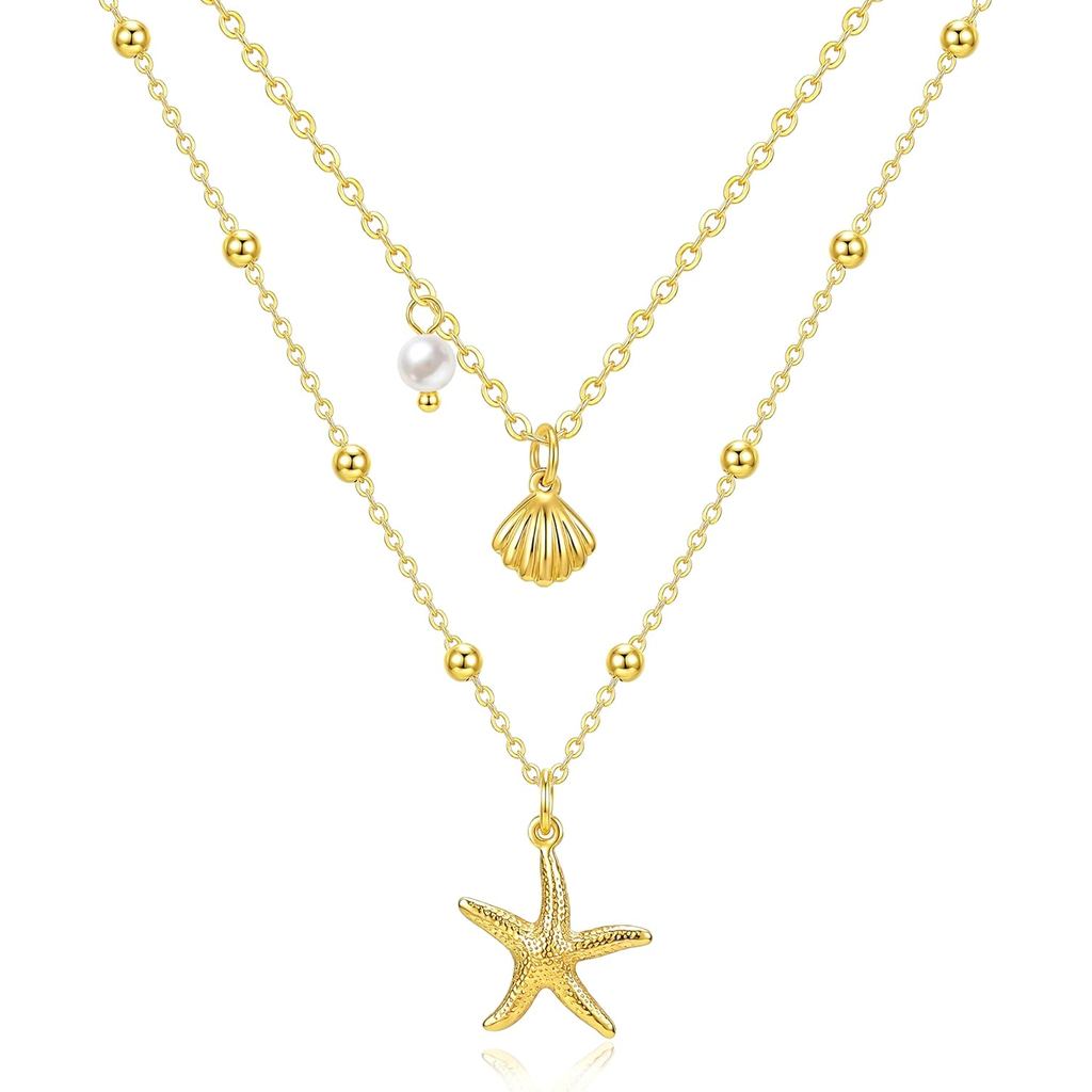 Zeffy สร้อยคอมุกเปลือกหอยหลายชั้น งานเล็กๆ เคลือบเงินขาว 14K พร้อมจี้มุกและดาวทะเล สร้อยคอมีระบบป้อง