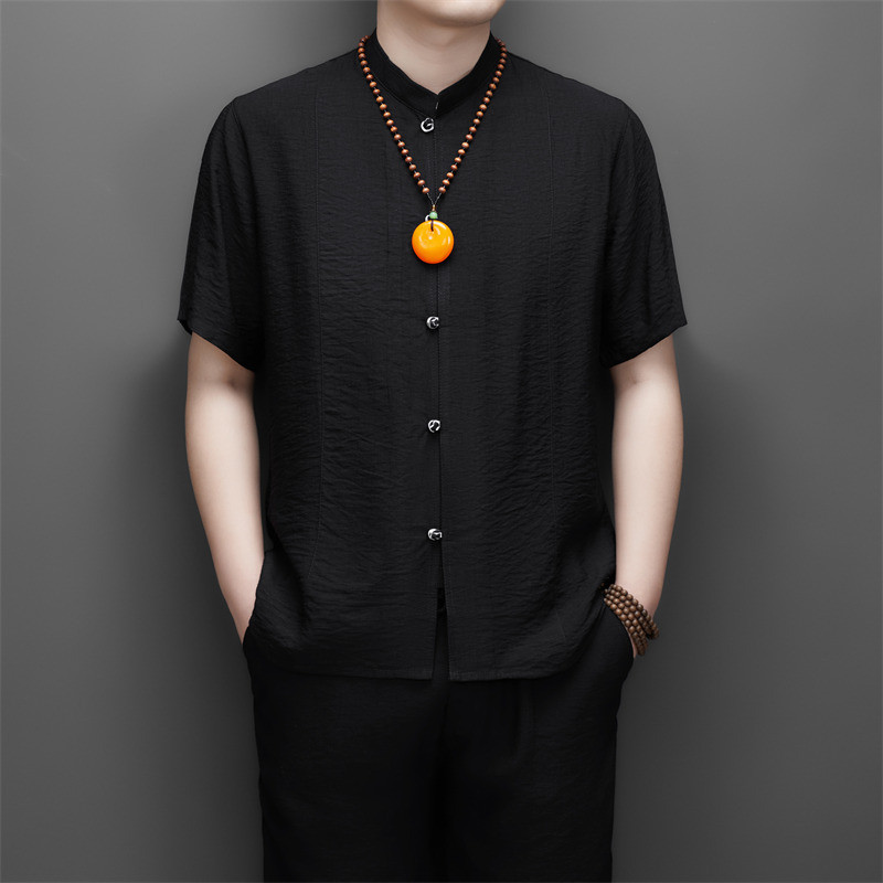 T Tang ชุดแขนสั้นผู้ชายเสื้อผ้าสไตล์จีนใหม่ปู่แขนสั้นพ่อ Tang ชุดสีดําบริสุทธิ์