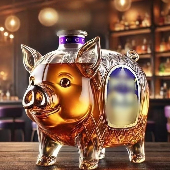 Creative Pig-Shaped Whiskey Bottle Interesting Transparent Glass Wine Bottle for Storing Red Wine, W