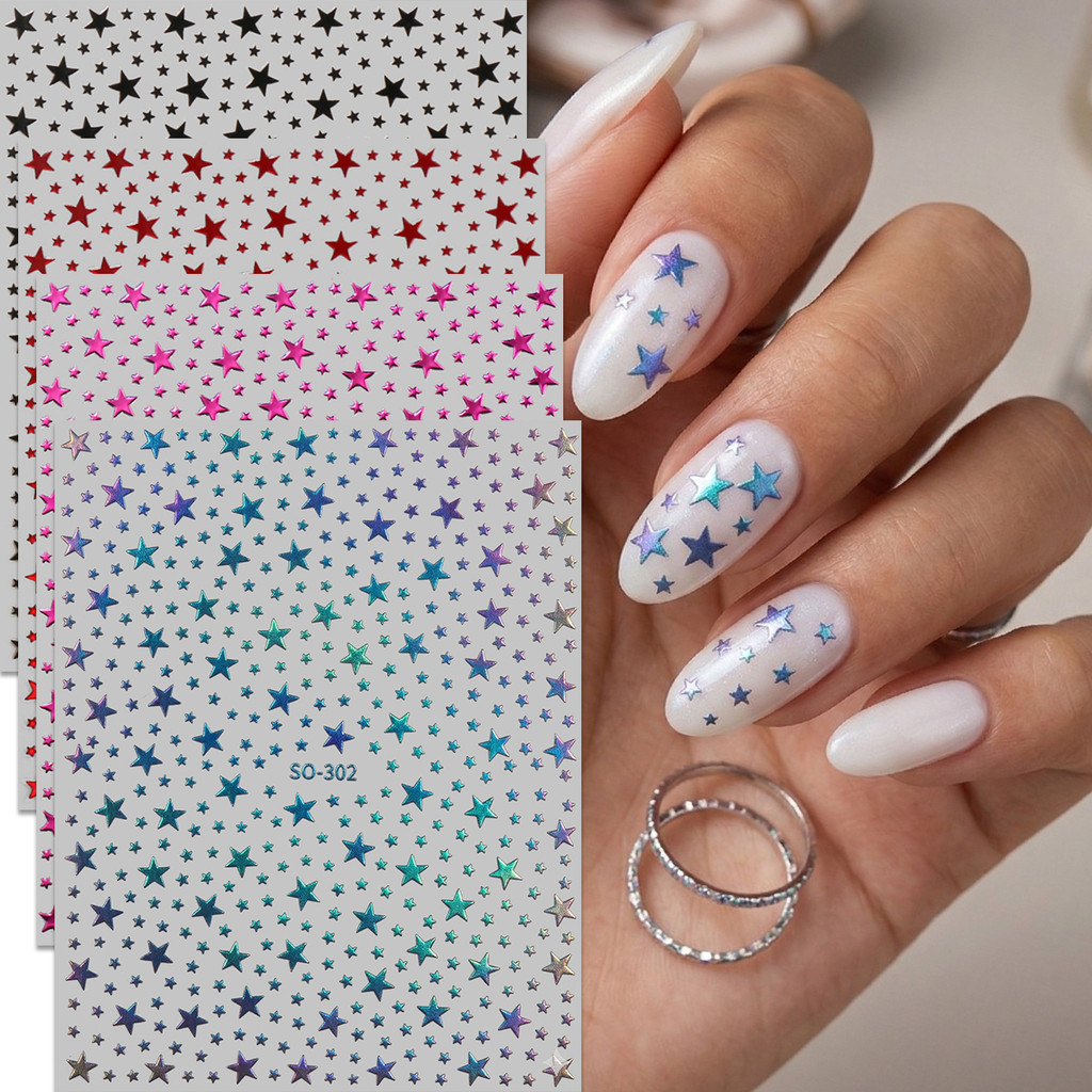 HAMA Star Nail Art สติกเกอร์นูนเลเซอร์ทองเงินสีขาวสีดํา Starry เล็บ Decals เล็บ DIY ตกแต่ง SO-302