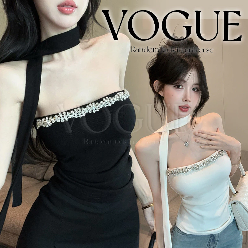 Vogue🌟พร้อมส่ง🌟 เสื้อเกาะอก ตกแต่งเพชร เสริมฟองน้ำ แถมผ้าพันคอเก๋ พอดีตัว (FY2939)