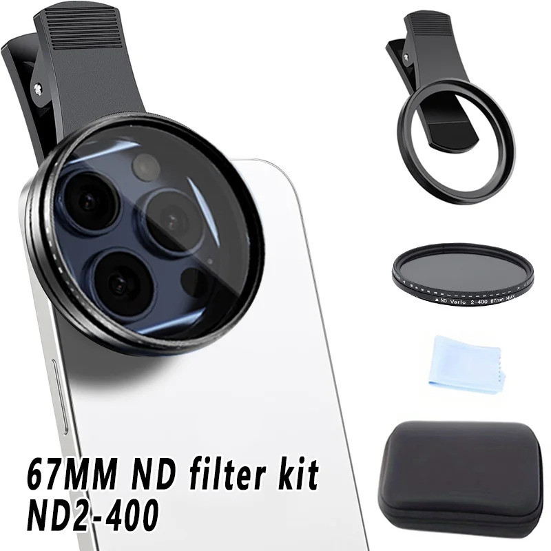 67 มม. Clip-on ND2-400 โทรศัพท์กล้องเลนส์กรองชุดปรับ Neutral Density Filter สําหรับ iPhone 16 15 14 