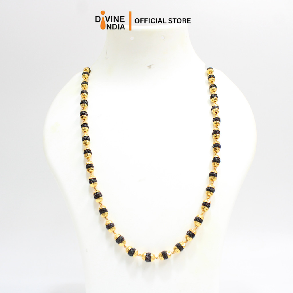 5 Face Rudraksha Mala Mala Mala Mala Malai with Golden Plated Cap & Chain Necklace - Unisex