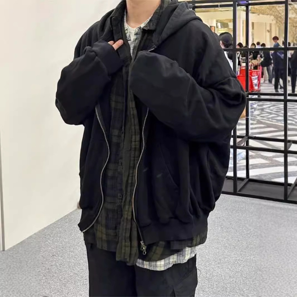 68EK Undermycar Double-layer faux two-piece plaid shirt with zipper jacket layered over a high stree