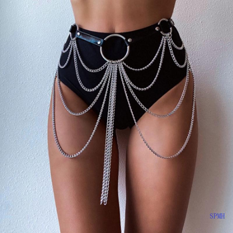 Super กางเกงสําหรับผู้หญิงผู้ชายยาวพู่ Multi Layered เอว CHAIN HipHop Punk Jean CHAIN ผู้หญิงฤดูร้อน