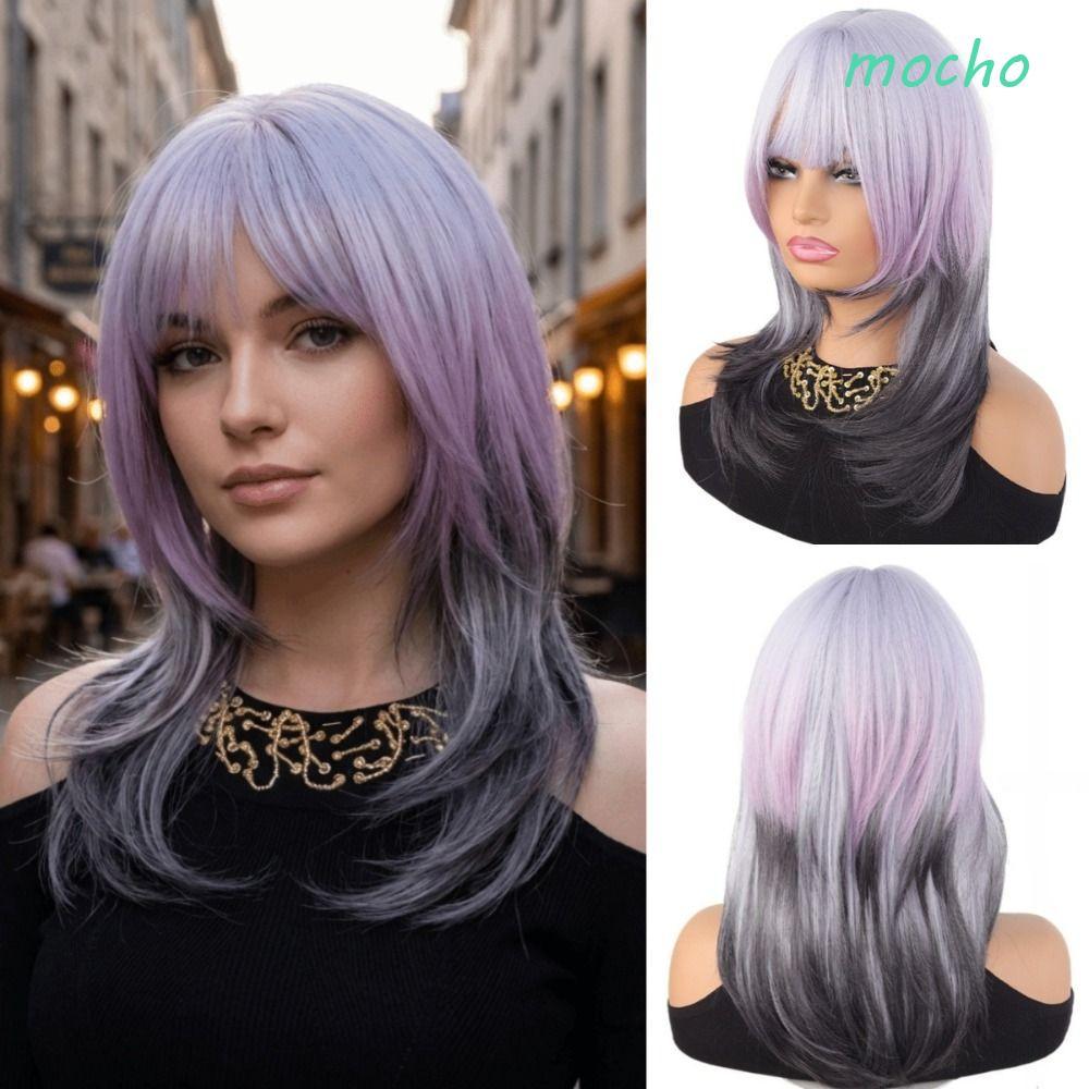 MOCHO วิกผมสังเคราะห์ธรรมชาติ สีดำสีม่วงไล่ระดับสี, สไตล์ High-Layered & Wolf Cut ขนาด 16 นิ้ว สำหรั