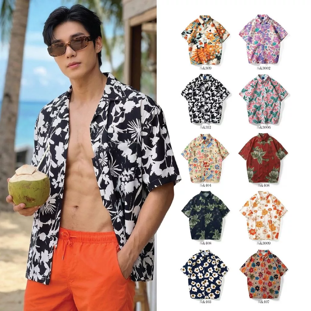 เสื้อสงกรานต์ผู้ชาย ฮาวาย ปกเชิ้ตแขนสั้น ผ้าไหมอิตาลี สีดำดอกขาว #312