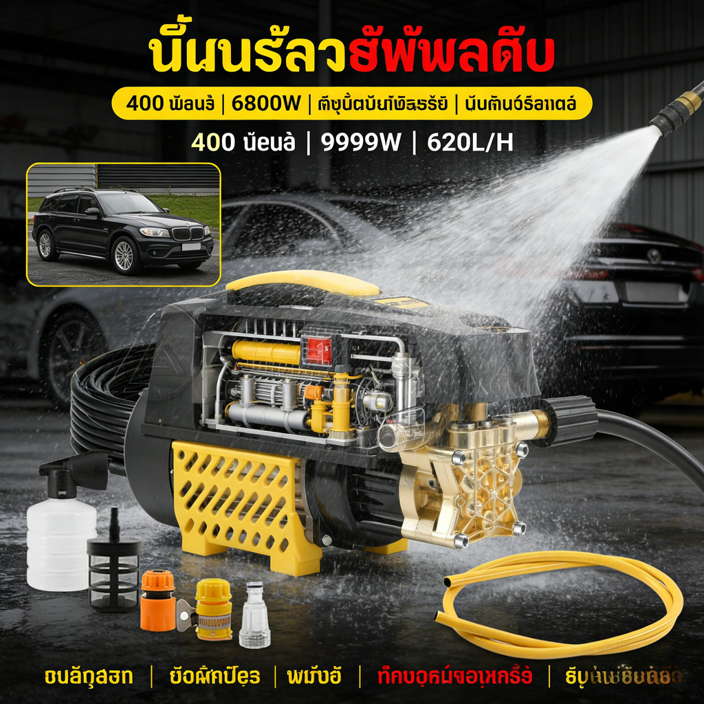 เครื่องฉีดน้ำแรงดันสูง เครื่องล้างรถ 400 บาร์ 6800W/9999W มอเตอร์เหนี่ยวนำ ดูดน้ำเองได้ ฉีดน้ำแรงทุก