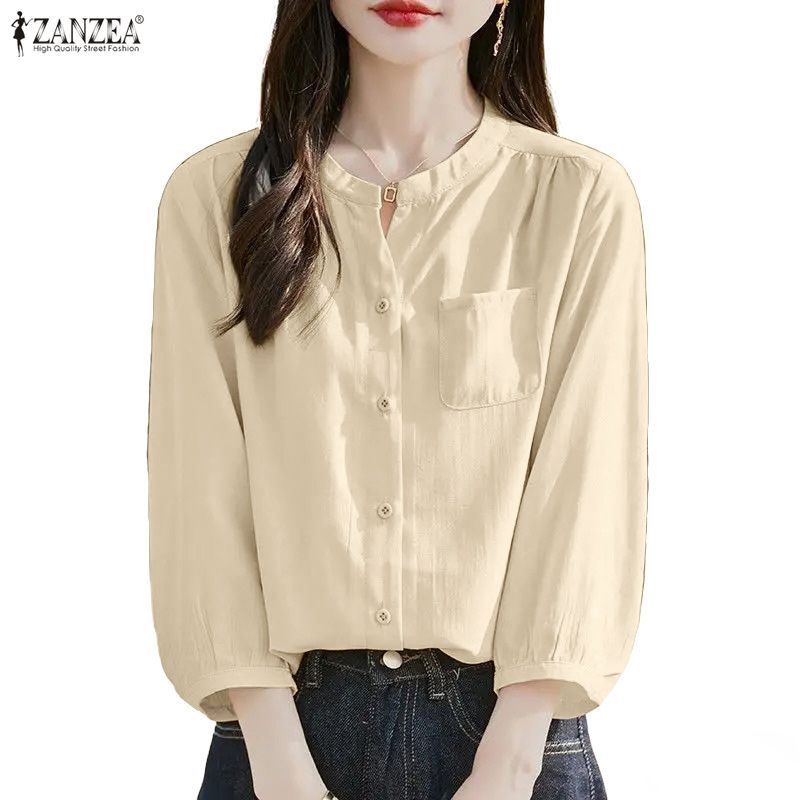 ZANZEA เสื้อผ้าผู้หญิงสไตล์เกาหลีในฤดูใบไม้ผลิตอนแรก ลายพิมพ์ลูกเรือ กระดุมแถวเดียว แขนยาว 3/4 ทรงหลวม