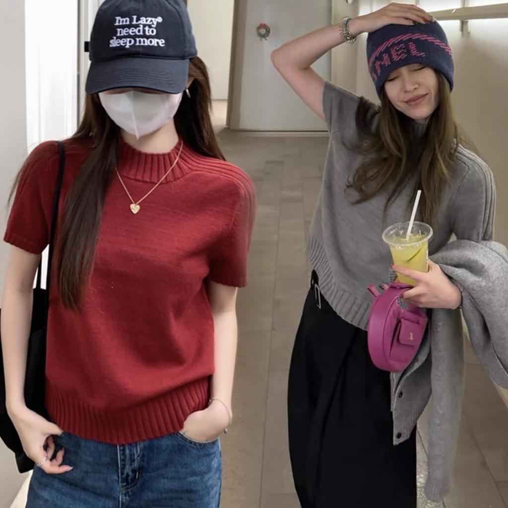 dode.mall เสื้อถักแขนสั้นสไตล์ยุโรปและอเมริกัน คอกลม สีพื้น 88038