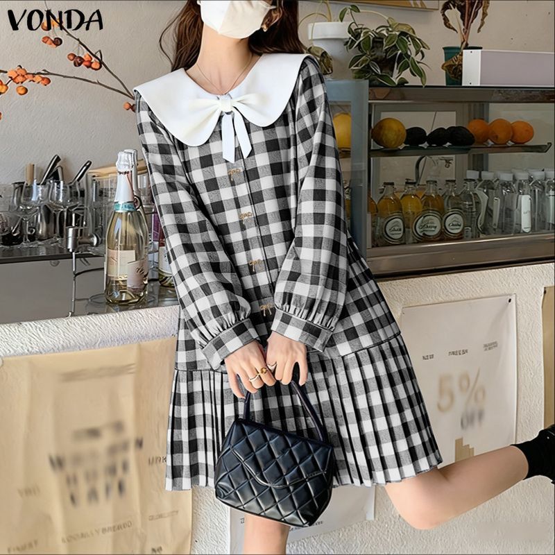 VONDA تنورة كورية بياقة دمية وفيونكة وكسرات كاروهات — صورة 4