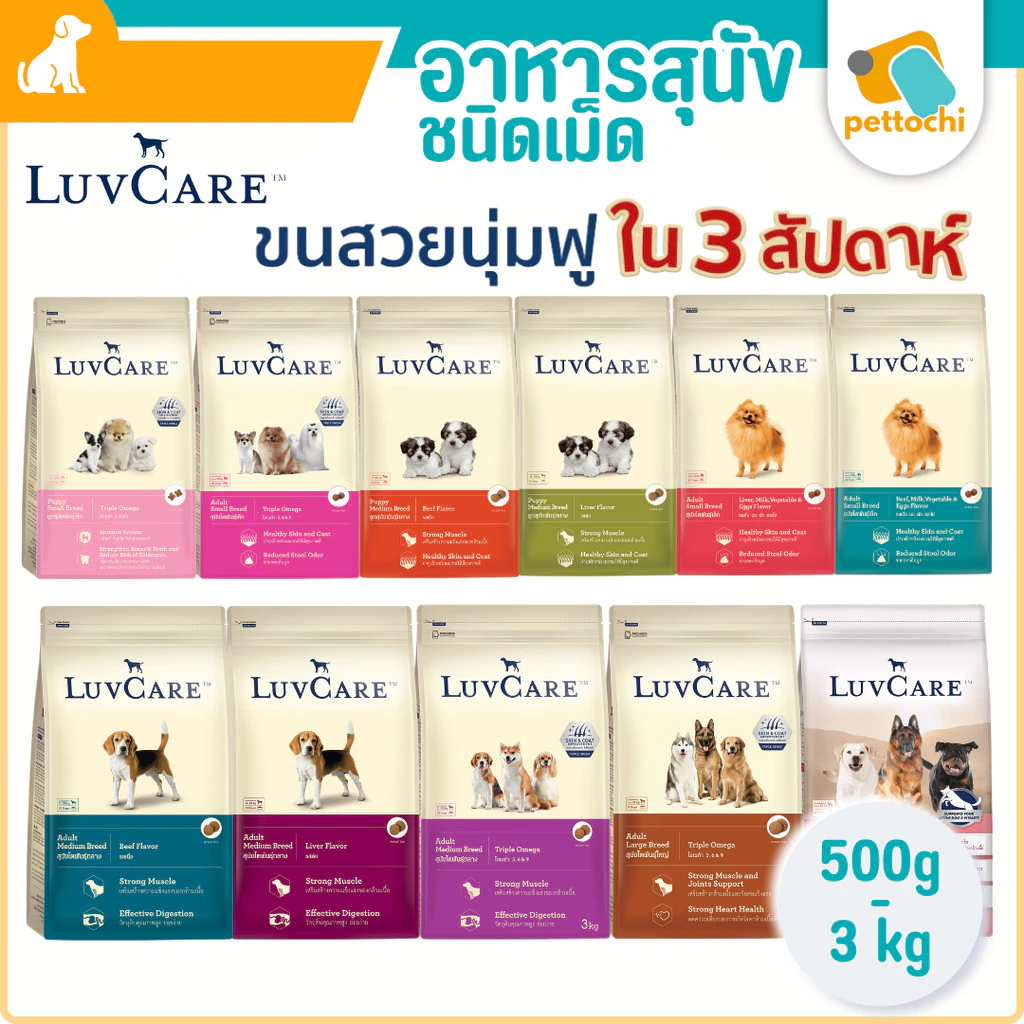 LuvCare อาหารสุนัขบำรุงขนและผิว สำหรับพันธุ์เล็ก กลาง ใหญ่ ทุกวัย ขนาด 500-3 kg