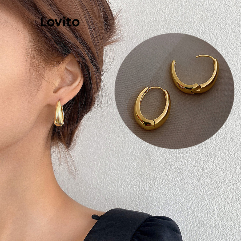 Lovito حلق معدني بيضاوي منقوش — ستايل ريترو — صورة 5