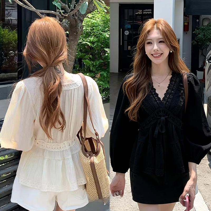 POPPY#เสื้อเชิ้ตผู้หญิงแขนยาว ผ้าลูกไม้ผสมเทนเซล แขนทรงโคมไฟ คอวีผูกโบว์ สวมใส่ได้หลากหลาย มีหลายสีให้เลือก#99299