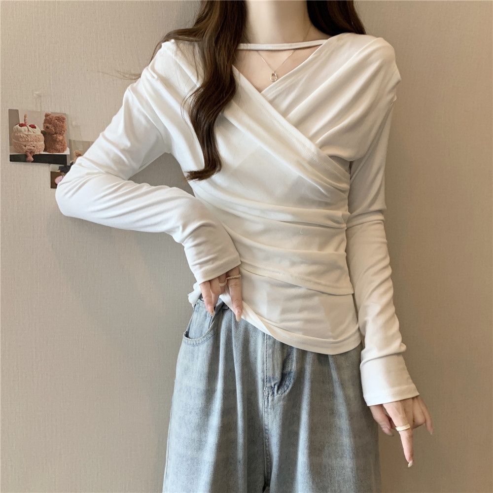 เกาหลีเกาหลี2026ขนาดใหญ่ฝรั่งเศสขี้เกียจอย่างเป็นทางการไหล่VคอCrossแขนยาวเสื้อยืดผู้หญิงฤดูใบไม้ผลิฤ