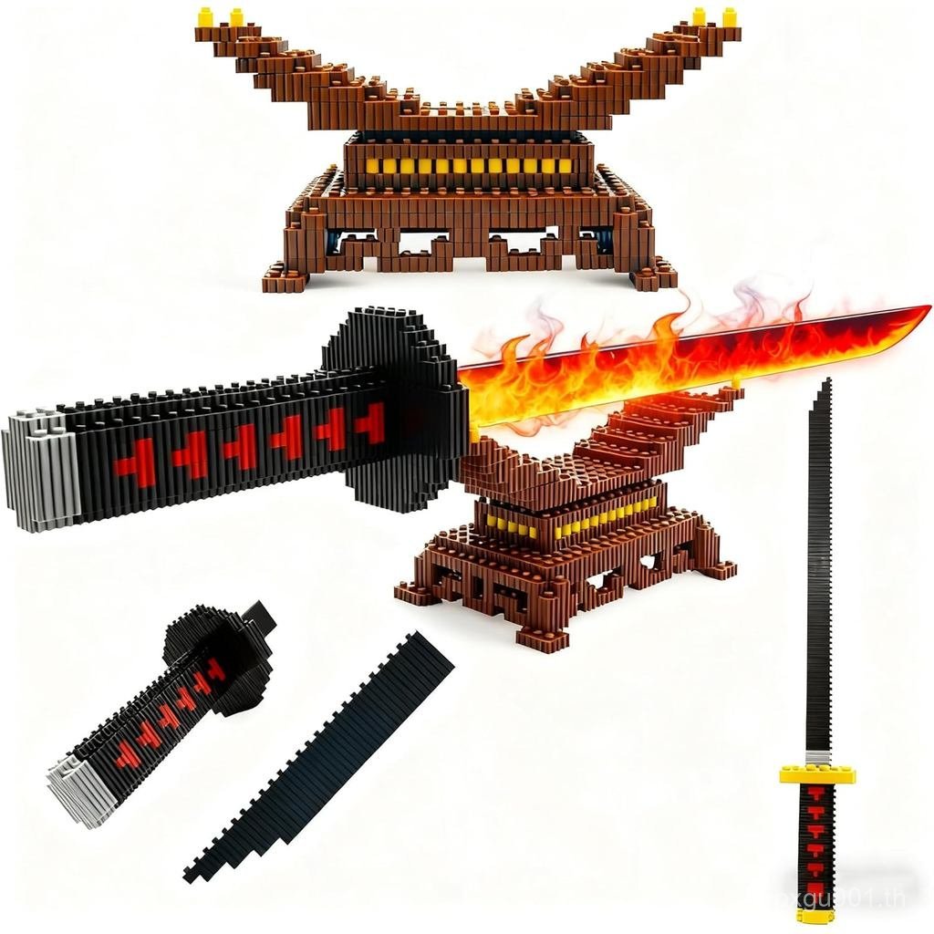 Beego Kill Demon Building Kit ชุด, 19in คอสเพลย์ Tanjirou บล็อกตัวต่อสีดําพร้อมขาตั้ง (2 กระเป๋าในกล