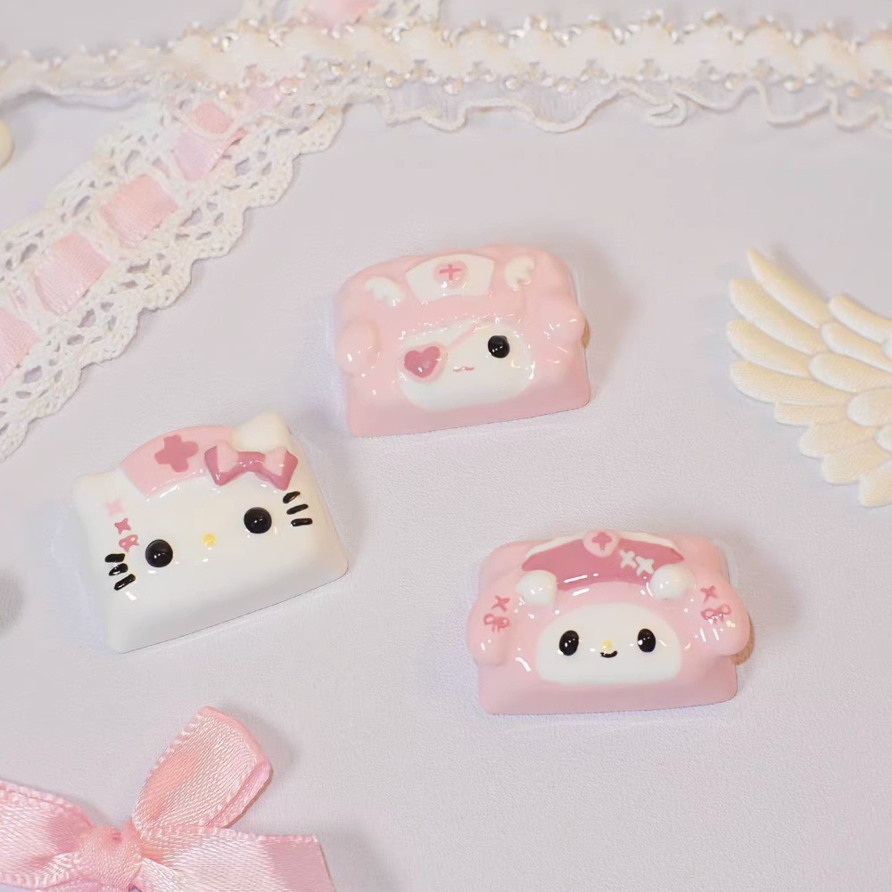 Sanrio Hello Kitty Melody Keycap ส่วนบุคคลน่ารักการ์ตูน 3D Handmade Keycaps สีชมพู TAB Keycap DIY Ka