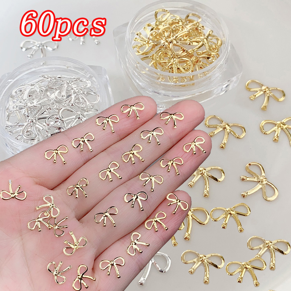 60PCS 3D Gold Silver ผสม Bowknot Nail Art ตกแต่งริบบิ้น Bowk ออกแบบเล็บ Charms เครื่องประดับ DIY Bow-knot เล็บหัตถกรรมไม่มีกาว