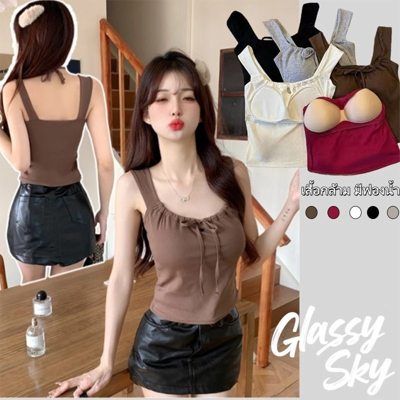 Glassy Sky💖พร้อมส่ง💖เสื้อกล้าม มีฟองน้ำ ดีเทลผูกโบว์น่ารัก 5สี(FY068)